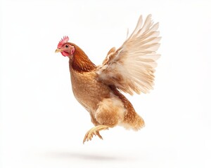 Fototapeta premium A Brown Chicken with a Red Comb and Beak in Flight