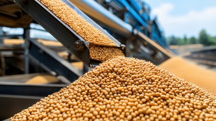 Fresh Soybeans on Conveyor Belt in Agricultural Processing Facility Under Clear Blue Sky