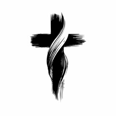 Vector black and white silhouette of a cross with a ribbon, made with minimalistic strokes