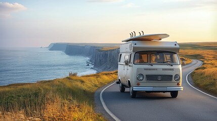 Freedom on the open road with a vintage camper by the coast during sunset