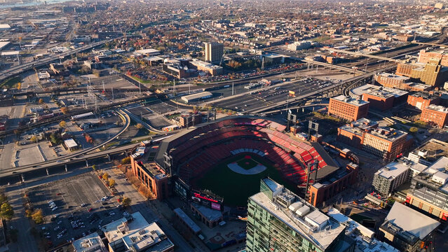 Aerial view of Busch Stadium and the urban skyline in downtown, St. Louis, Missouri, United States.