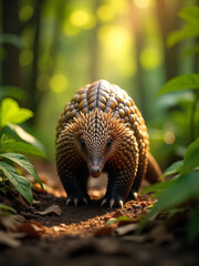 Obraz premium A pangolin walking through a dense, tropical rainforest at midday, sunlight dappling through the canopy, highlighting its scales