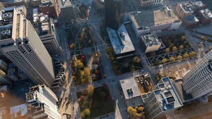 Aerial view of vibrant downtown St. Louis with bustling streets and skyscrapers, Missouri, United States.