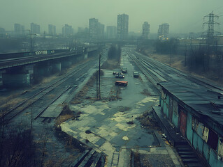 Fototapeta premium Urban Rail Yard, Misty Morning