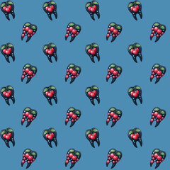 Watercolor seamless pattern of teeth painted as traditional Ukrainian Easter eggs, pysanka on a blue background