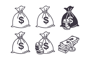 Money Bag Icon Set in Various Styles Vector Clipart Isolated Illustration