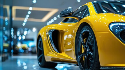 Close-up of a stylish yellow sports car in a modern showroom with sleek design and polished lighting, highlighting luxury and performance. 