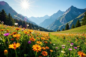 Obraz premium Sun-drenched field of wildflowers, towering peaks frame the scene, flora, summer, bloom