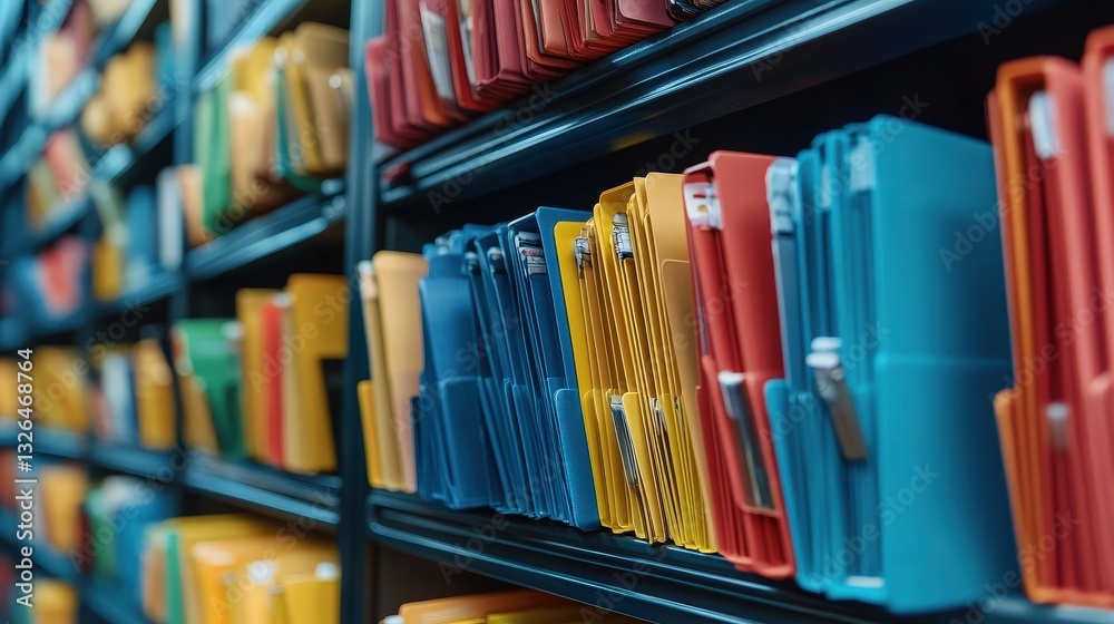 Poster a colorful array of organized file folders on a shelf, showcasing a neat and systematic sorting of d