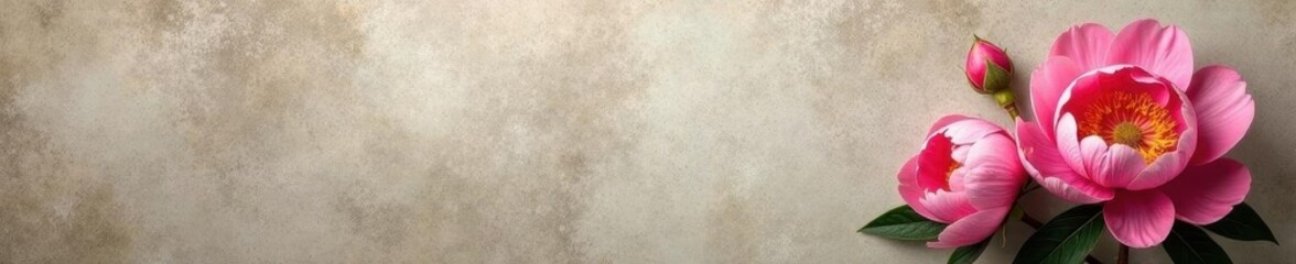 Fototapeta premium Textured concrete wall with sepia peony artwork Modern loft style , neutral tones, floral design