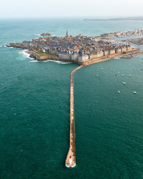 Aerial view of the picturesque historic fortress and charming old town along the coastline, Saint Malo, Ille-et-Vilaine, France.