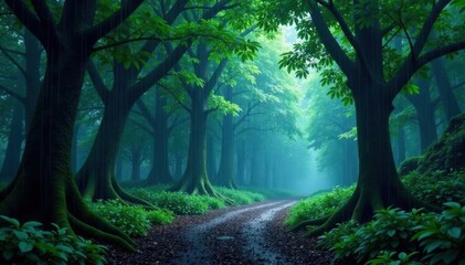 Obraz premium Torrential rain lashes Osaka forest, trees bowed low , weather, branches