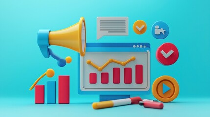 Colorful Digital Marketing Elements With Graphs and Megaphone