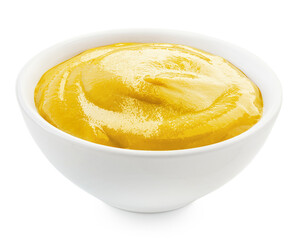Bowl of Mustard Sauce isolated on white. Fresh Yellow honey mustard spread in a white  bowl close up..