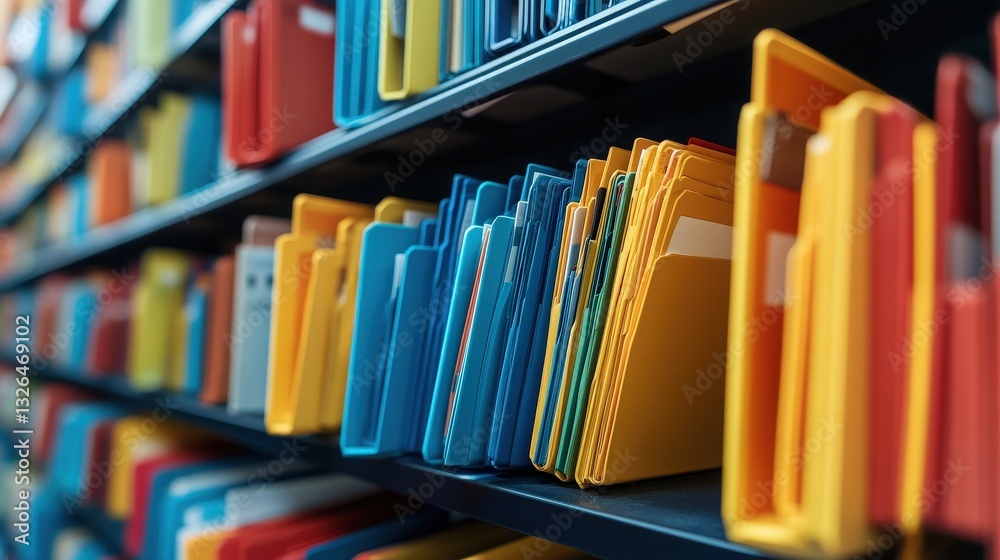 Poster a colorful collection of organized file folders on a shelf, showcasing an efficient filing system in
