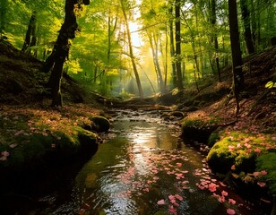 Fototapeta premium Showcase the tranquil ambiance of a lush forest, with dappled sunlight filtering through 