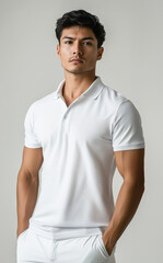 Obraz premium Male Model Wearing White Polo Shirt – Mockup for Screen Printing