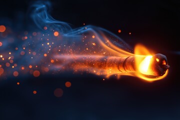 Burning fuse flying through air with sparks and smoke