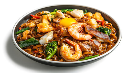 Delicious Seafood and Vegetable Stir-fry with Noodles in a Dark Bowl