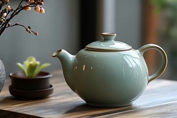 Elegant ceramic teapot with flower arrangement in cozy cafe setting during daylight hours