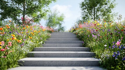 Obraz premium Serene Stairway to Blooming Paradise: A Springtime Vista