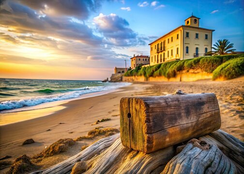 Vintage trunk, weathered building, Torre Mozza's sun-drenched beach: a timeless Italian seaside portrait.