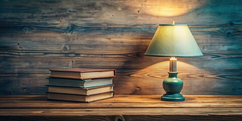 Obraz premium Warm light illuminates a wooden table, books scattered, minimalist home decor.