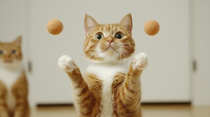 Playful ginger cat juggling two furry balls in a cozy room