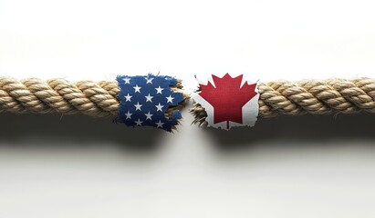 Connection between United States and Canada represented through torn rope displaying flags at neutral background