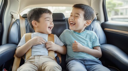 Two young boys sharing a joyful moment while seated in a car with fingers pointing and laughter in the afternoon light