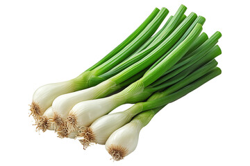 Fresh green onions with white bulbs, isolated on white transparent background, concept of healthy eating.
