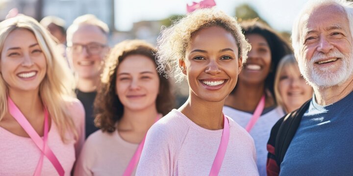 A group of people of different ages and backgrounds wearing pink ribbons