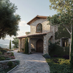large two-storey house,from rough,rough stone, heavy entrance door made of dark wood,the house completely with a roof,an alley of cypresses grows on the way to the house, mountains and the sea