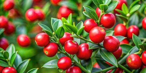 Fototapeta premium Close-up of Ruscus aculeatus sprouts with red berries growing on a stem