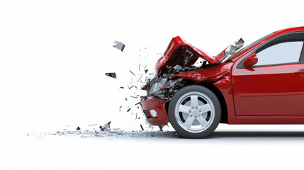 Car accident illustration showing red vehicle with damaged front. scene captures impact and debris, conveying sense of urgency and danger