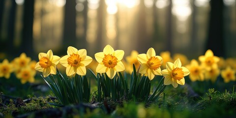 Obraz premium Bright yellow daffodils bloom in a lush forest during the golden hour of the evening, creating a beautiful and tranquil atmosphere