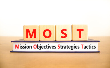 MOST symbol. Concept word MOST Mission Objectives Strategies Tactics on wooden blocks. Beautiful...