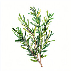 Fototapeta premium Watercolor hand-painted Rosemary branch with green leaf on a white background, flat watercolor painting, simple design, AI painting design, AI design set