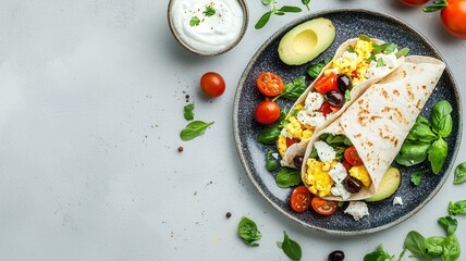 Delicious breakfast wrap with eggs, avocado, tomatoes, and spinach on a plate, perfect for a healthy start.