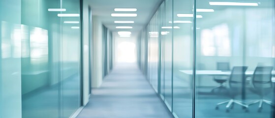 Blurred Office Hallway with Glass Walls and Meeting Room 