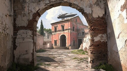 Abandoned Village with Airship in the Sky Over Weathered Architecture