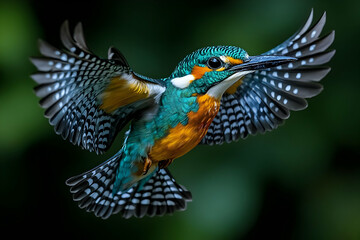 Fototapeta premium Colorful Kingfisher Bird In Flight Against Dark Background