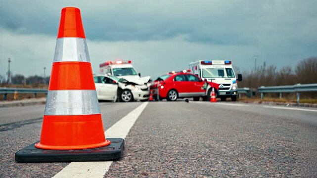 Orange traffic cone lies on ground near road accident with emergency responders and damaged vehicles in the background. Concept of road safety, emergency response and accident awareness