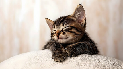 A small sleeping kitten resting peacefully on a soft surface