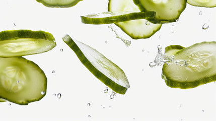 falling cucumber slices isolated on white