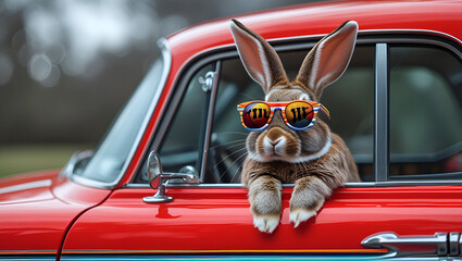 Easter Bunny on the Road &ndash; Cool Rabbit Driving a Vintage Car, Springtime Adventure &ndash; Stylish Bunny in a Retro Convertible 🌸🚘🐇

