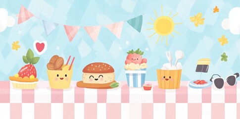 Cute food items smiling happily under a blue sky backdrop