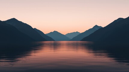 Obraz premium Serene Sunset Reflection Over Calm Water in Majestic Mountain Range