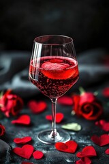 Glass of red wine and rose petals. Selective focus.