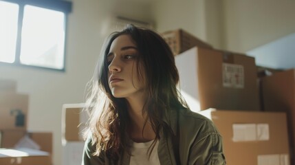 A Young Woman in a Room with Cardboard Boxes